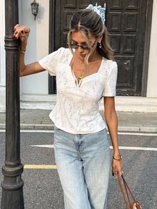 Pariaura Women's Elegant White Summer Eyelet Top,Parisian Chic Mesh Embroidered Short Sleeve V Neck Lace T-Shirt,Boho Brunch Casual Square Neck Blouses - White - View 2