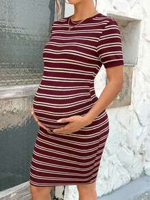SHEIN Maternity Striped Round Neck Short Sleeve Fitted Casual Dress - Burgundy - View 3