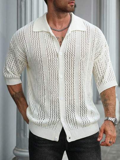 Manfinity Homme Camiseta de punto de manga corta con abertura de talla grande para hombres, camisa de encaje para hombres, jersey de cuello en V de manga corta para hombres, camisa de ganchillo de punto para hombres