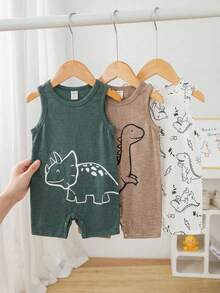 SHEIN 3件套可爱恐龙印花无袖连体衣和短裤套装，男女宝宝春夏通用服装 - 彩色 - 查看 6