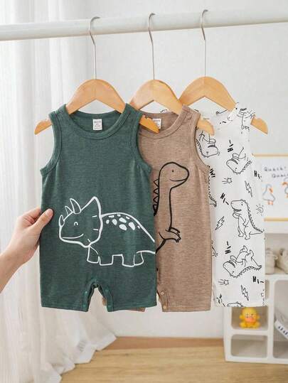 SHEIN 3pcs/Set Cute Dinosaur Print Sleeveless Romper & Shorts Set, Unisex Baby Boy/Girl Spring/Summer Clothes