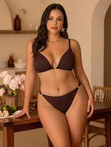 Swim Chiccia 大码女士纯色性感比基尼套装 - 咖啡棕 - 查看 5