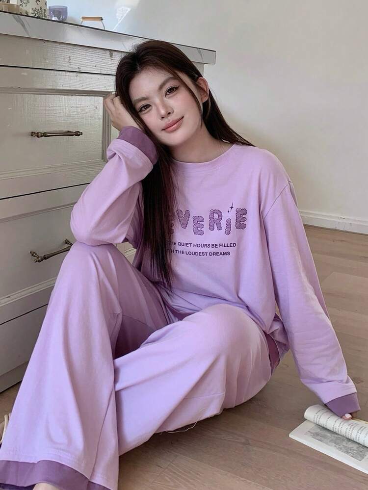 Dazy Plus Plus Size Women Casual Letter Print Loose Long Sleeve Top And Straight Leg Pants Pajama Set, Spring/Autumn