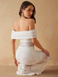 Silquee 春夏白色露肩薄纱蕾丝花卉A字性感优雅连衣裙 - 白色 - 查看 6