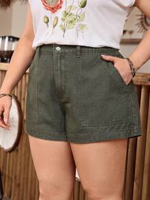 EMERY ROSE Plus Size Women Casual Comfortable Green Non-Stretch Denim Shorts - Green - View 1