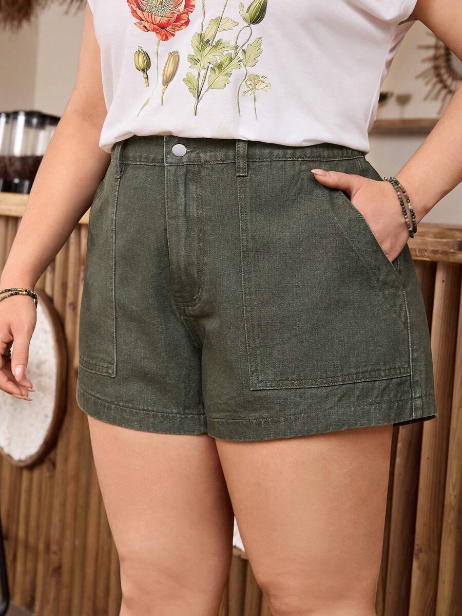 EMERY ROSE Plus Size Women Casual Comfortable Green Non-Stretch Denim Shorts - Green - View 1