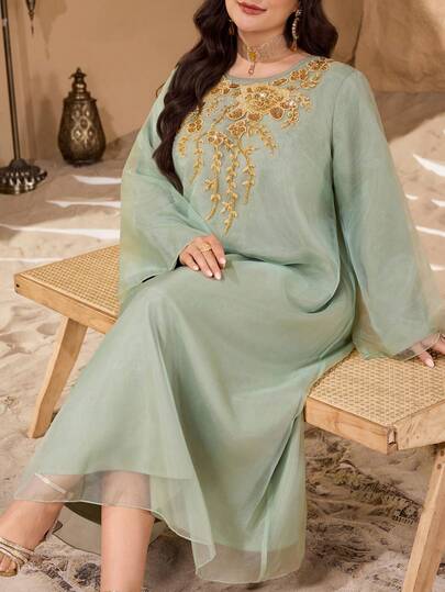 Al Najma Plus Size Women's Long Floral Collar Arabic Style Dress, Suitable For Spring/Autumn Daily Wear And Gatherings