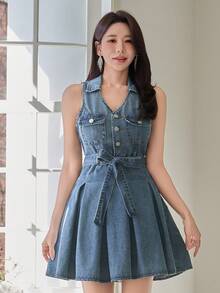 DAZY Women's Casual Washed Denim Dress With Collar, Sleeveless, Belt, Pockets, Short Length, Summer - Blue - View 3