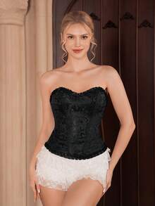女士优雅提花露背绷带胸衣 - 黑色 - 查看 1