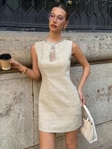 Siren Gaze Women's Round Neck Sleeveless Hollow Out Rhinestone Mini Dress,Beige Summer Classy Elegant Brunch White Chic Cocktail Party Luxury Embellished Outfit - Apricot - View 5