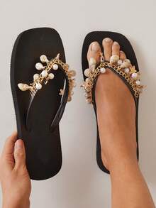 SHUZIA Women's Seashell Starfish Multi-Elements Bracelet Flip Flops Pool Sandals - Black - View 1