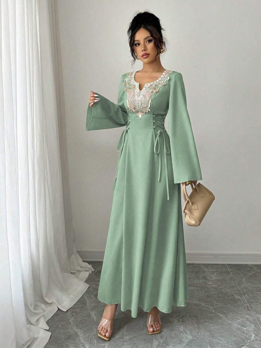 Yasmyna Women's Woven Solid Color Patchwork Collar Long Sleeve Tie Waist Arabic Dress - Green - View 1