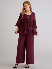 Parysyn Plus Size Women's Elegant Burgundy Lounge Set With Ruffled Tunic Top And Flowy Wide Leg Pants Comfortable Two Piece Outfit Ladies Casual Sets Blouse And Pants Set Wide Leg Pants Set Pants Suits For Woman Top And Pants Set For Women Tunic Tops For Women For Women Tunics For Women Lace Trim Top Lounge Sets For Women Pant Suits For Woman Pant Suit Set - Red Violet - View 7