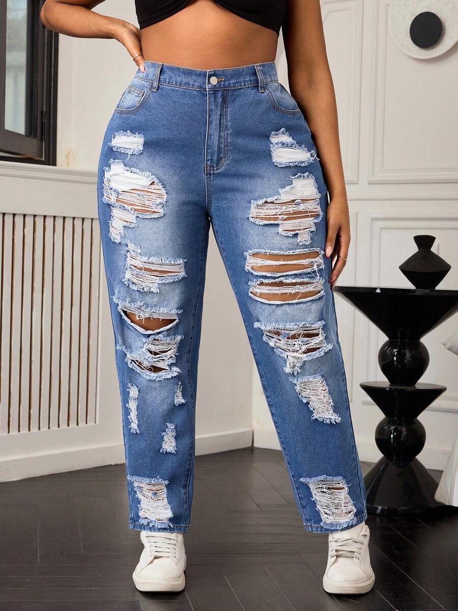 SHEIN SXY Plus Size Distressed Loose Mom Jeans - Medium Wash - View 1