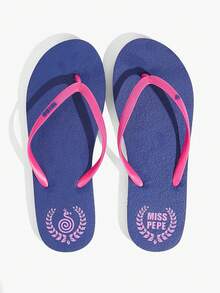 Grefit Women's Letter Print Casual Daily Vacation Beach Flat Flip Flops - Blue - View 5