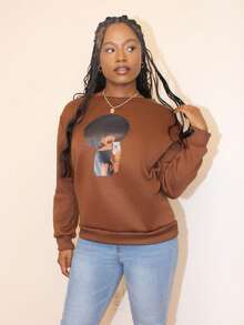 Steph T Character Print Casual Sweatshirt With Round Neck,Long Sleeve Tops Graduation,Back To School Outfits,Graduation,Teacher Outfits For Women,Back To School Pullover Fall Outfit - Coffee Brown - View 3