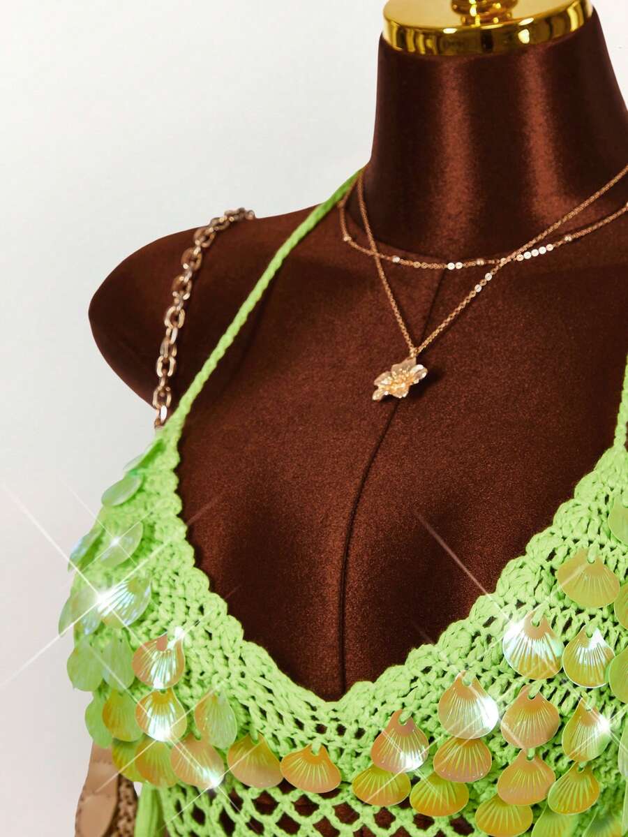 Amplova Damen Pailletten-Muschel-Neckholder Rückenfrei Quasten-Saum Sexy Avantgarde Häkel-Top, geeignet für den Urlaub - Grün - Übersicht 1