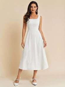 Amorya Women's Solid Color Square Neck Sleeveless Simple Design Elegant Dress ,Summer Dress,Elegant Dress - White - View 4