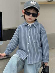 Dazy Kids 男童条纹 Polo 领单排扣休闲百搭日常长袖衬衫 - 藍色 - 查看 5