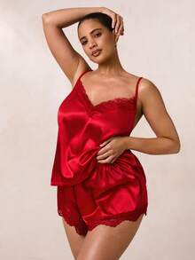 SHEIN BAE Plus Lace Trim Satin Cami Top & Shorts PJ Set / Pajama Set - Red - View 4