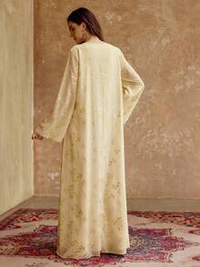 ZEYLAH WOMEN'S ELEGANT JACQUARD V-NECK CONTRAST SEQUIN EMBELLISHED FLARE SLEEVE LOOSE ARABIC STYLE DRESS - Gold - View 4