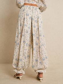 Poéselle 女士弹力腰带印花休闲百搭日常裤 - 淺藍色 - 查看 2