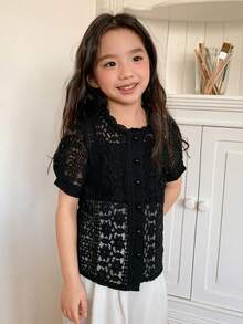 DAZY 女童圆领蕾丝泡泡袖可爱甜美衬衫 - 黑色 - 查看 1
