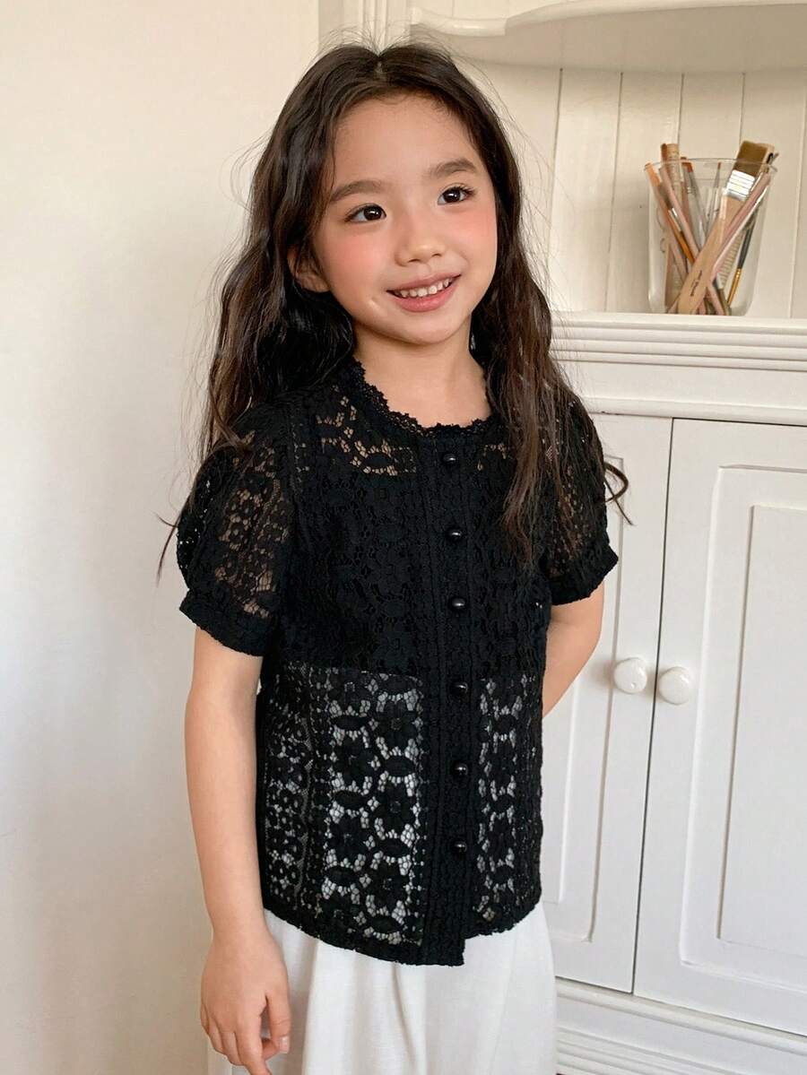 DAZY 女童圆领蕾丝泡泡袖可爱甜美衬衫 - 黑色 - 查看 1