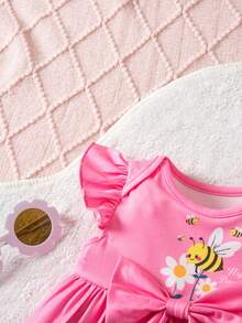 SHEIN 2pcs Newborn Baby Girl Cute Cartoon Pattern Bow Tie Ruffle Sleeve Knit Dress, Pink - Pink - View 6