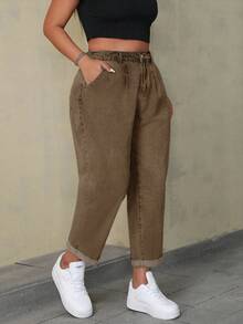 SHEIN ICON Plus Size Solid Color Casual Loose Fit Pockets Versatile Daily Wear Jeans - Brown - View 3