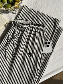 Comfortcana 大码女式休闲度假通勤条纹印花刺绣打结松紧腰宽松阔腿裤 - 黑與白 - 查看 5