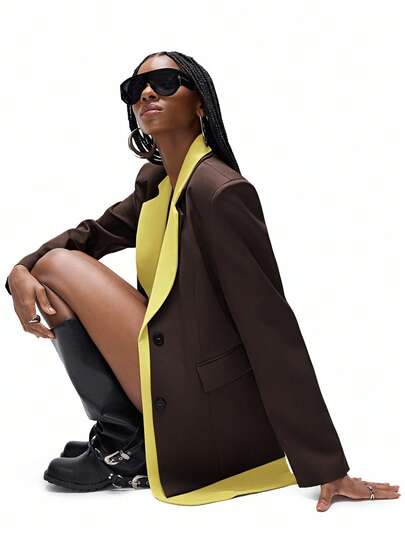 Aveloria Affinna Blazer de manga larga casual y holgado de diseño minimalista con cuello de contraste en color caqui verde, dobladillo asimétrico único y un solo botón