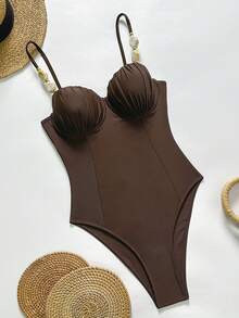 Swim Chiccia 女士连体可拆卸肩带三角高衩泳衣，带钢圈，褶皱设计，优雅适合海岛海滩度假，不规则珍珠装饰，休闲百搭，春夏款 - 棕色 - 查看 2