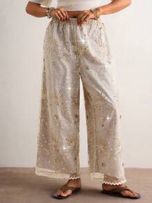 Freevana 大码亮片拼接弹力腰休闲裤 - 卡其色 - 查看 4