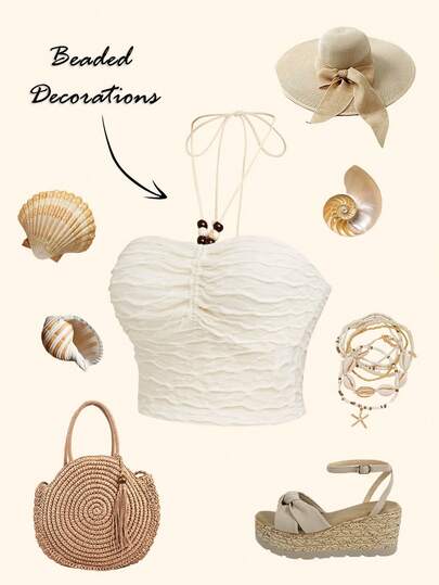 GlowEve 女士串珠装饰无肩带系带褶皱露脐上衣，海滩度假风