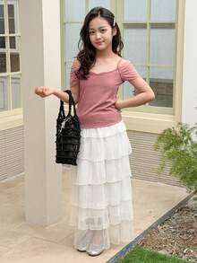 DAZY Áo hai dây trễ vai màu trơn dáng casual cho bé gái tuổi teen, mùa hè - Hồng - Xem 7