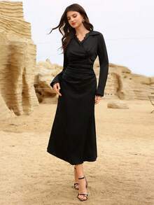 Modelyn Women's Black Woven Lace Trim Long Sleeve Pleated Waist A-Line Elegant Dress, Spring/Summer Elegant Dresses For Women Casual Dresses For Women Casual Outfit For Women Party Dress Party Dresses For  Wedding Party Dress Wedding Guest Party Dress Graduation Dress For Women Spring Outfit Women Spring Dress Women Spring Clothes Women - Black - View 7