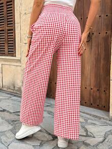 Modmama 格子印花休闲百搭孕妇阔腿裤 - 紅色 - 查看 2