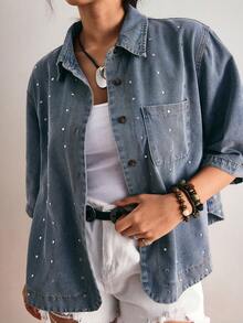 Freevana Áo sơ mi denim dáng suông tay lửng 3/4 đính đinh tán dành cho nữ cỡ lớn, thích hợp mặc mùa hè, mùa xuân, đi lễ hội, dự tiệc, đi biển, đi chơi, hẹn hò, dự tiệc cocktail, sự kiện trang trọng, kỳ nghỉ, văn phòng, công sở, đi làm, khách dự đám cưới và lễ hội miền Tây. - Màu xanh lam - Xem 3