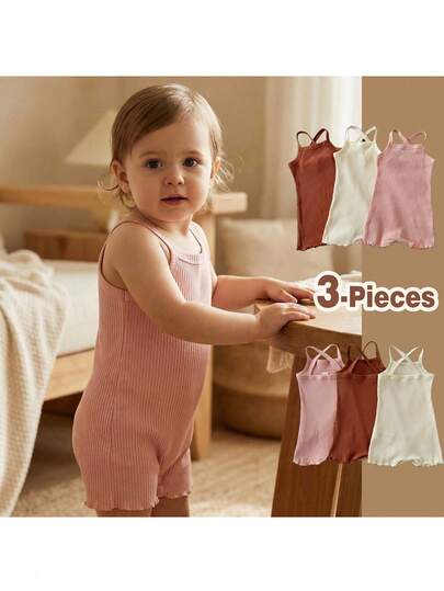 Loomiva 3pcs Baby Girl Solid Color Casual Versatile Knit Soft Camisole Romper & Shorts Set