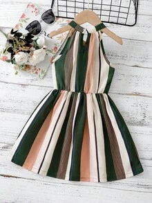 SHEIN 小女童塊狀條紋無袖繫腰帶連衣裙 - 彩色 - 查看 2