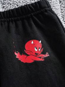 SHEIN HOT STUFF Baby Boy Casual Flame & Cartoon Pattern Hoodie Sweatshirt And Sweatpants Set, Autumn - Black - View 7