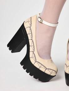 ROMWE Women's Sexy And Fashionable Gothic Suede Platform High Heels, Punk-Style Embroidered Patterns, Metal Buckle Decorations, Sexy Chunky Heel Shoes For Nightclubs, Parties, And Holidays. Valentine's Day - Apricot - View 3