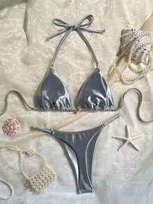 Swim SXY 女士金属银色面料比基尼套装，性感丁字裤，金属配饰，时尚休闲沙滩度假风挂脖泳装 - 銀色 - 查看 5