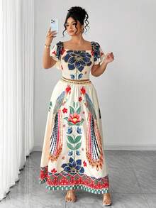 Elenzga 大码印花方领荷叶边腰身A字连衣裙，墨西哥狂欢节及派对服装 - 彩色 - 查看 5