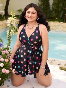 SHEIN Swim Mod Bộ đồ bơi nữ cỡ lớn họa tiết hoa cổ điển ngọt ngào, mới cho kỳ nghỉ hè trên bãi biển. - màu đen - Xem 7