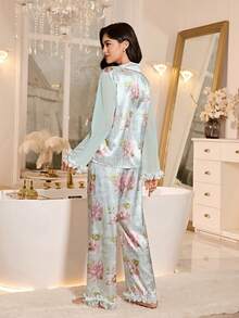 LuxeNights Women's Elegant Floral Print Mandarin Collar Mesh Patchwork Long Sleeve Shirt And Pants Pajama Set, Spring/Summer/Autumn - Multicolor - View 2