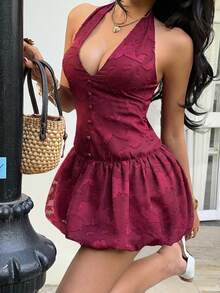 Sunnyshic Women's Casual Elegant Cutout Chiffon Texture Halter Tie Bow Hem Short Dress, Versatile For Daily Wear, Vacation, Spring/Summer - Burgundy - View 5