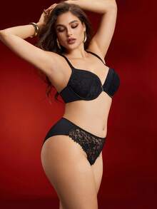 EmpressEnvy Plus Size Women Lace Patchwork Lingerie Set - Black - View 5