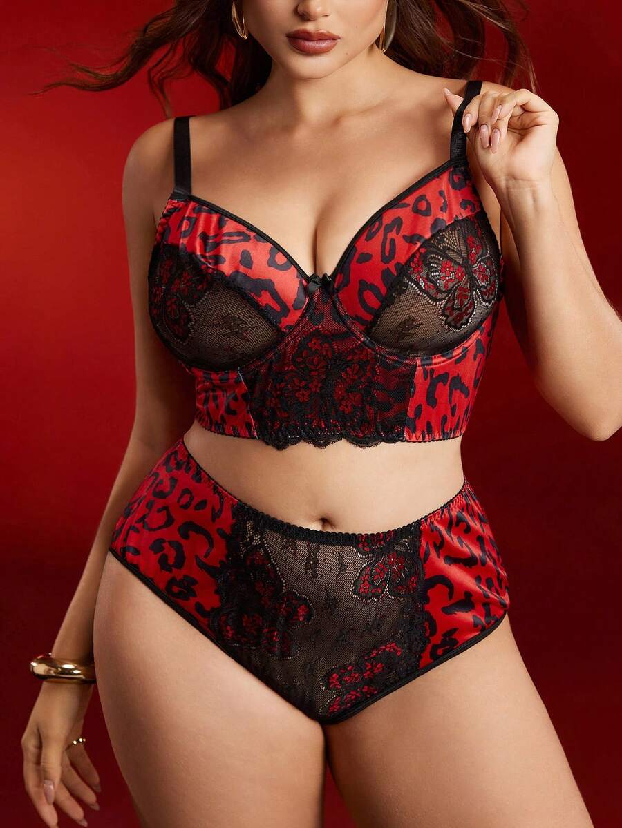 SHEIN Conjunto de lencería de encaje y estampado de leopardo sexy para tallas grandes - Multicolor - Ver 1